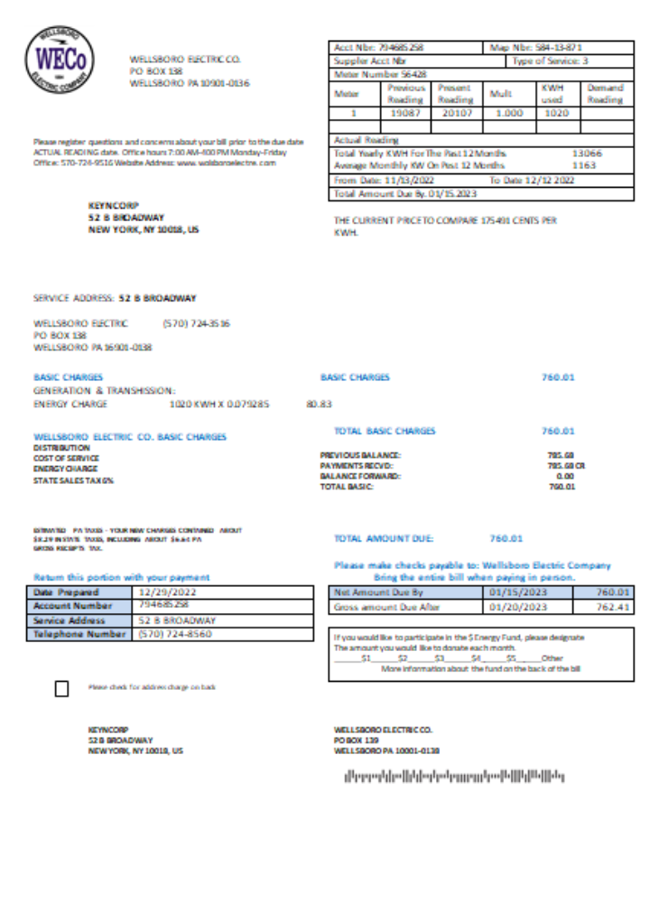 Wellsboro Electric Co utility business bill, SCR PSD template